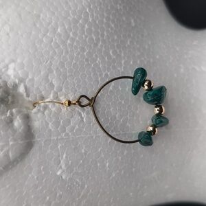 Gold Toned Hoop Drop Dangle Hook Earrings Gold Toned and Green Stone Like Beads